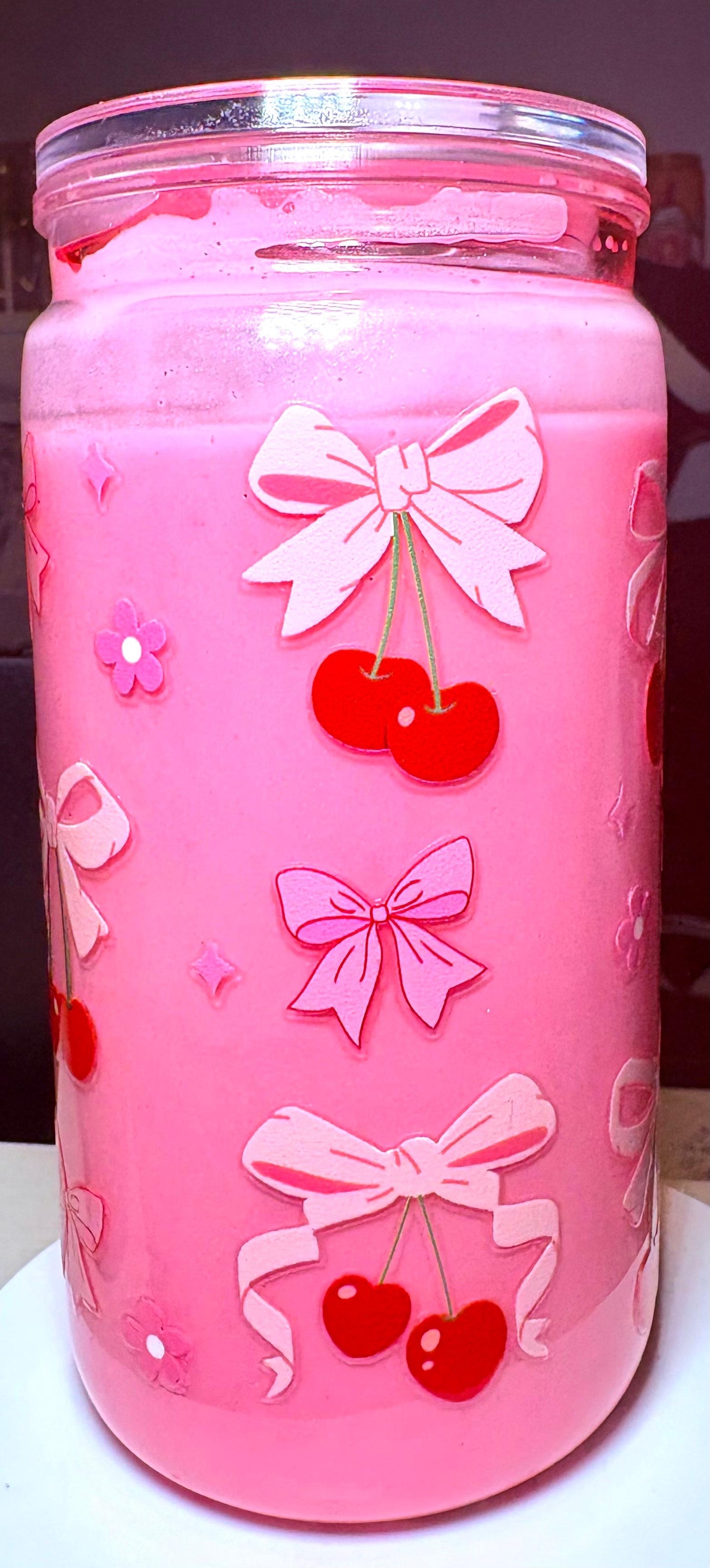 Cherry Bow Pink Snow Globe Tumbler – 16 oz Custom Glitter Cup