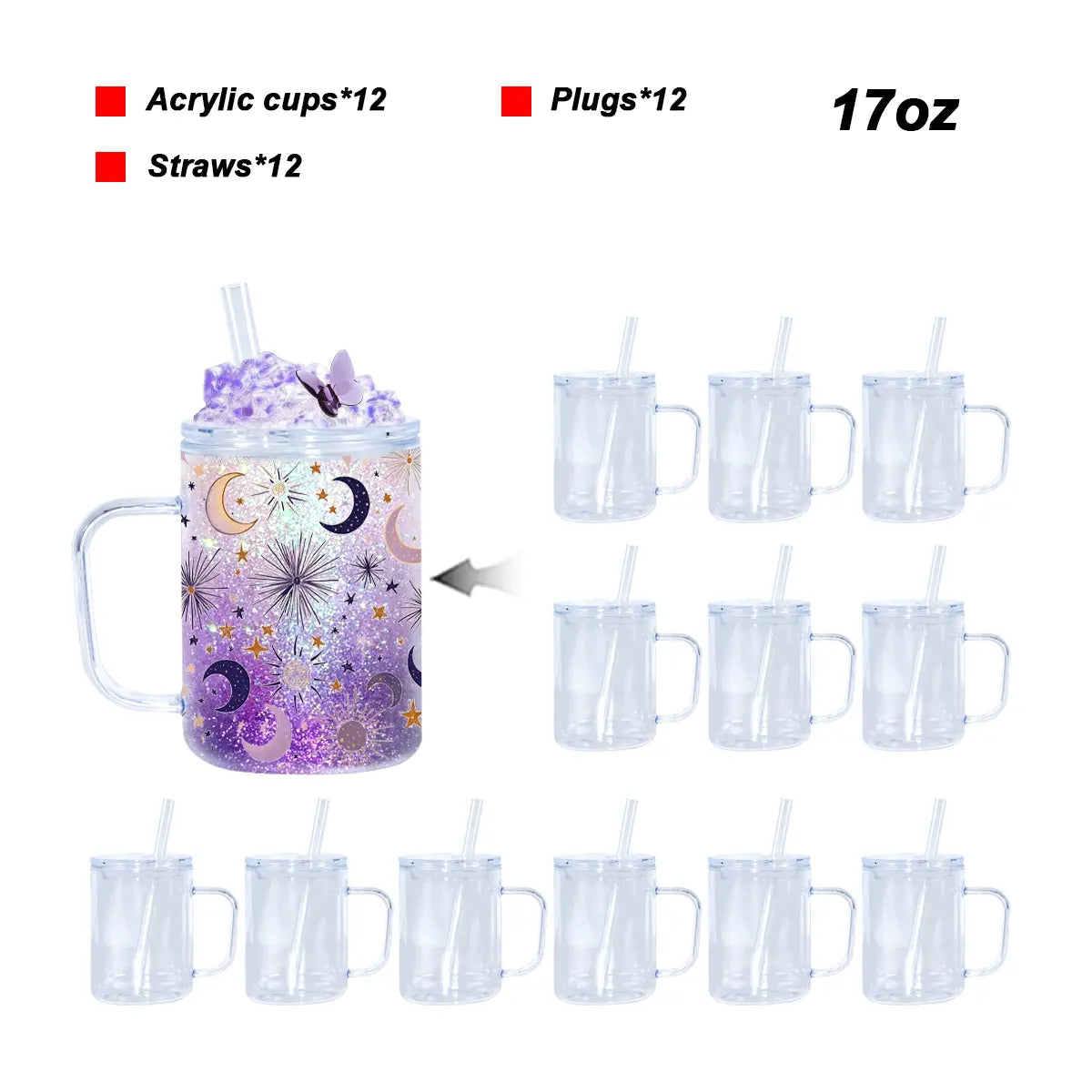 17 oz Clear Acrylic Snow Globe Mug with Handle & Straw