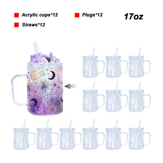 17 oz Clear Acrylic Snow Globe Mug with Handle & Straw