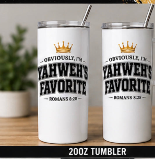 Product Title

20oz “Obviously, I’m Yahweh’s Favorite” Skinny Tumbler – Romans 8:28 | Faith-Inspired Stainless Steel Tumbler