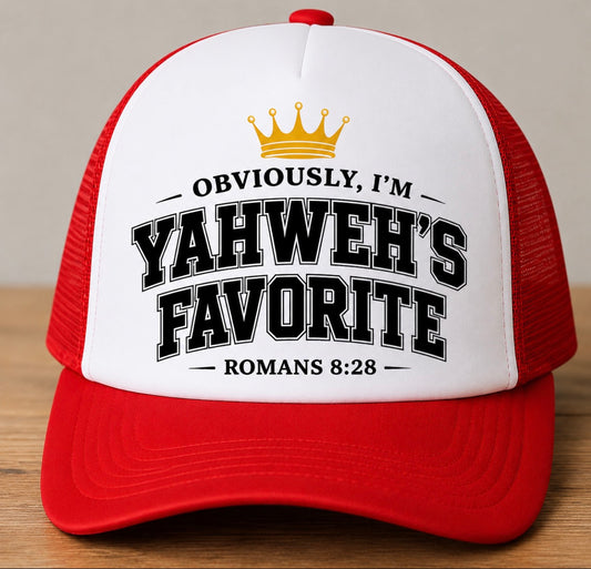 Obviously, I’m Yahweh’s Favorite Trucker Hat | Romans 8:28 | Faith-Inspired Mesh Cap