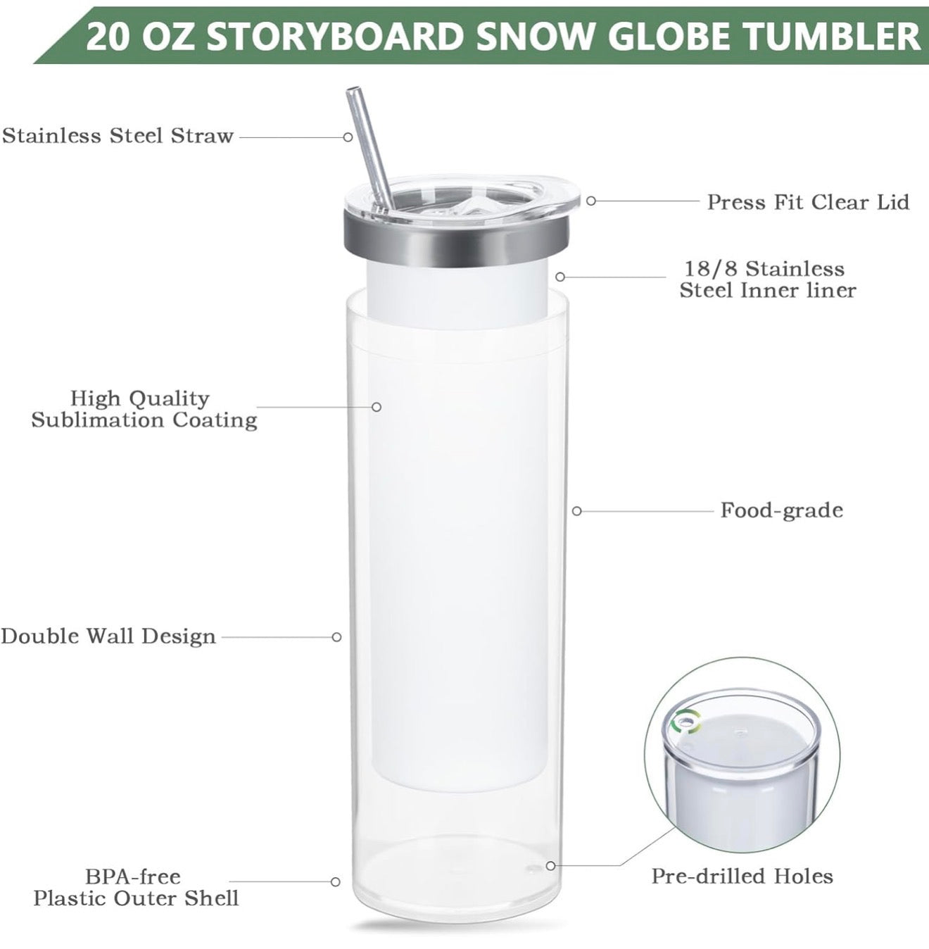 20oz double wall pre drilled sublimation snow globe tumbler.